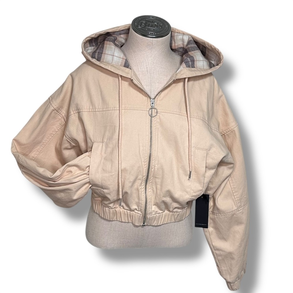 Forever 21 Cropped Hooded Jacket Beige Plaid Lining Full Zip Up Casual Size‎ S